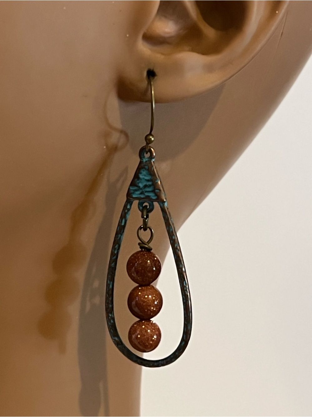 Patina Teardrop & Goldstone Beaded Earrings